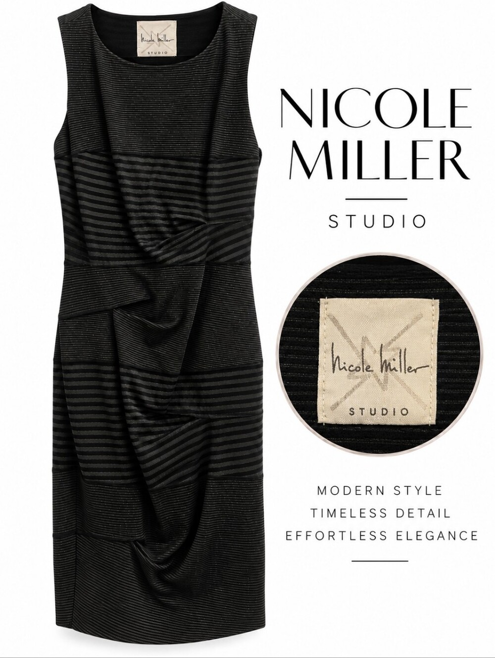 Nicole Miller Studio Black Asymmetrical Striped Ruched Sheath Dress Size